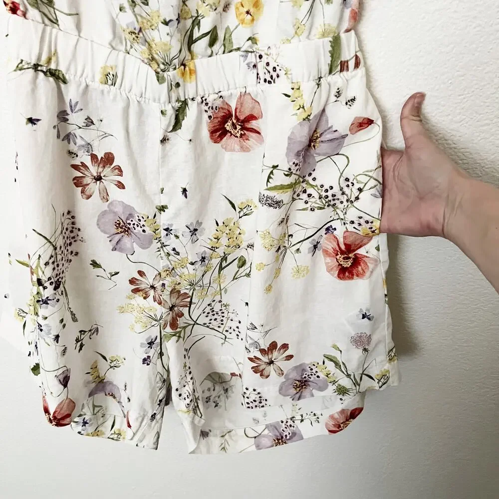 [H&M] Cream Linen Blend Cottagecore Wildflower Floral Print Strappy Romper Sz XL